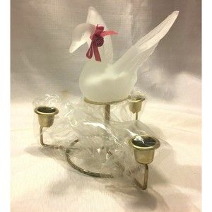Frosted Glass Swan Centerpiece Set 3 Votive Candles Mauve Silk Floral VTG 1980s